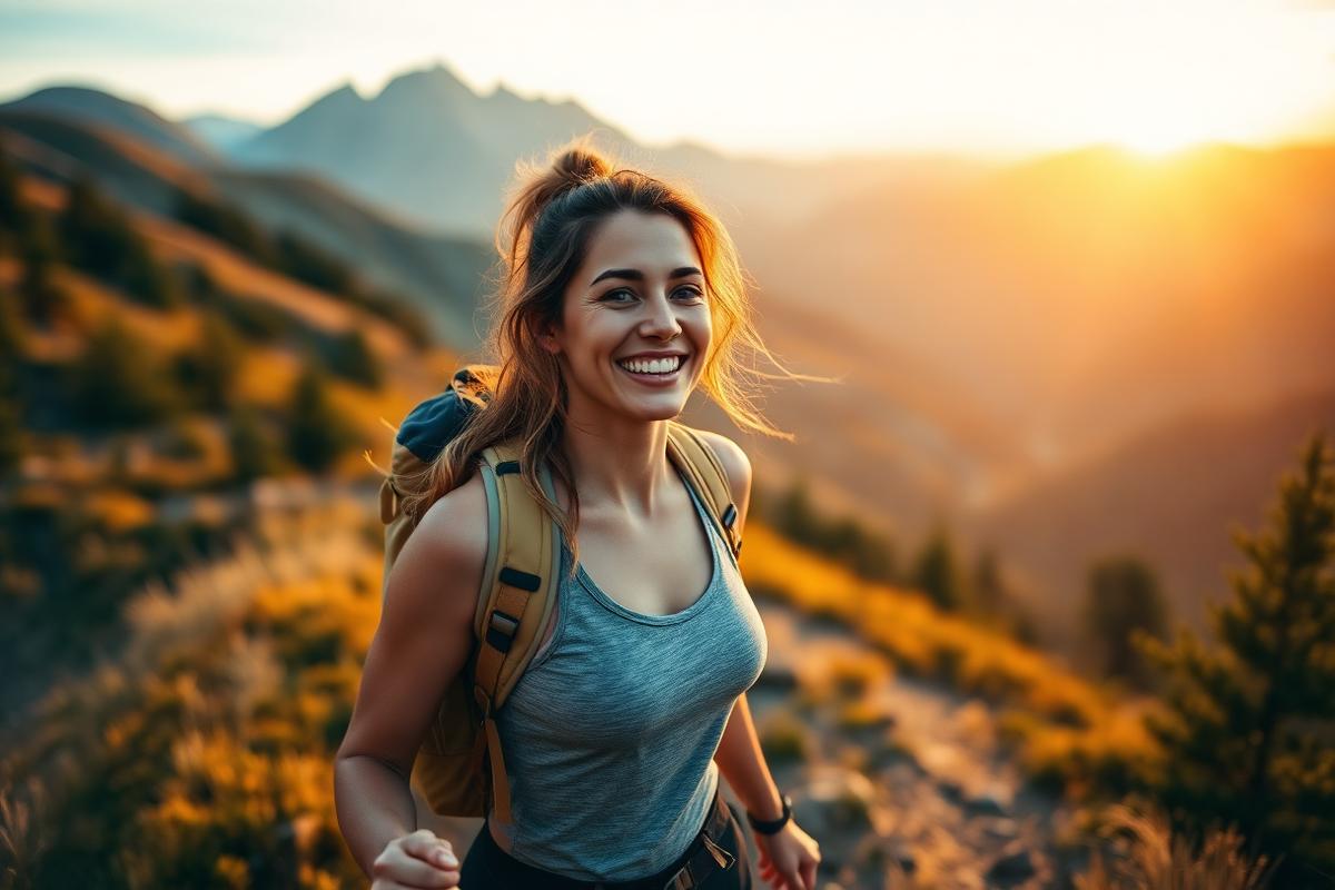 An active woman hiking at sunrise, representing a life built around movement and care