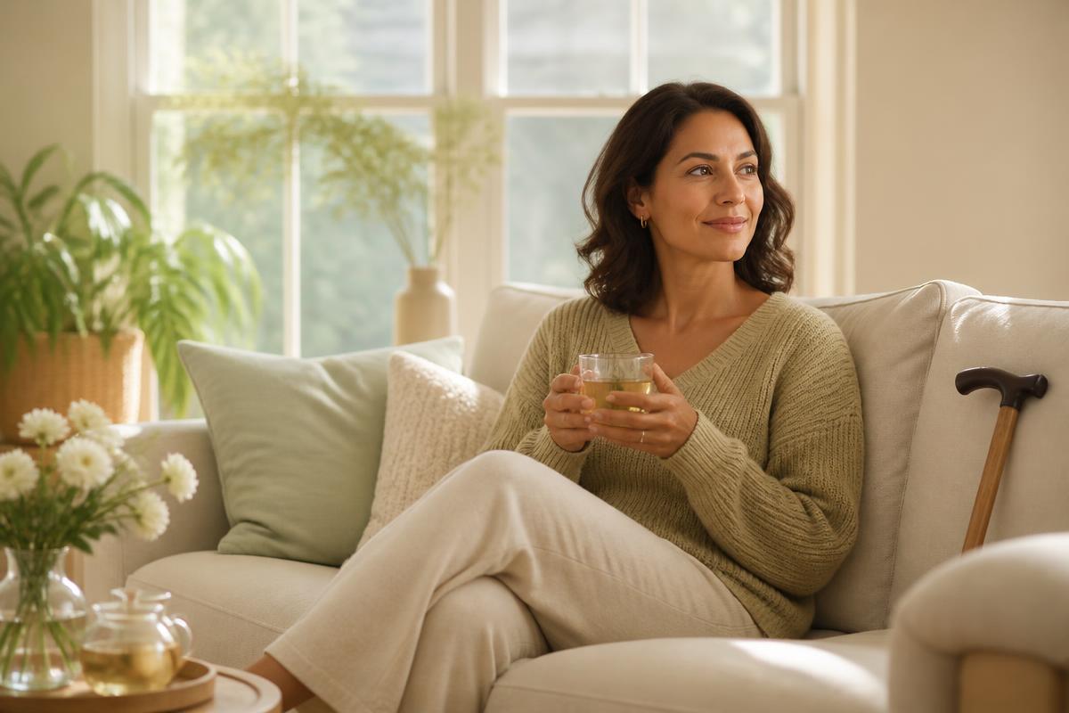 A woman resting calmly on a sofa with a cup of tea in warm natural light
