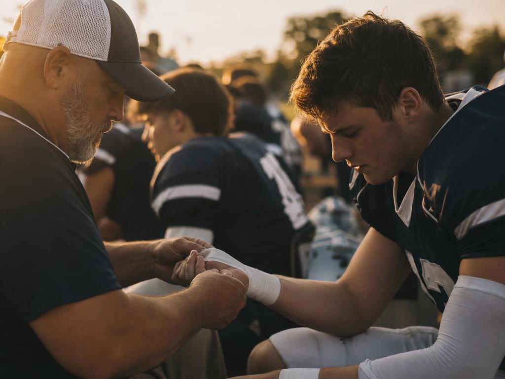 An athletic trainer taping an athlete's wrist on a sports field at golden hour