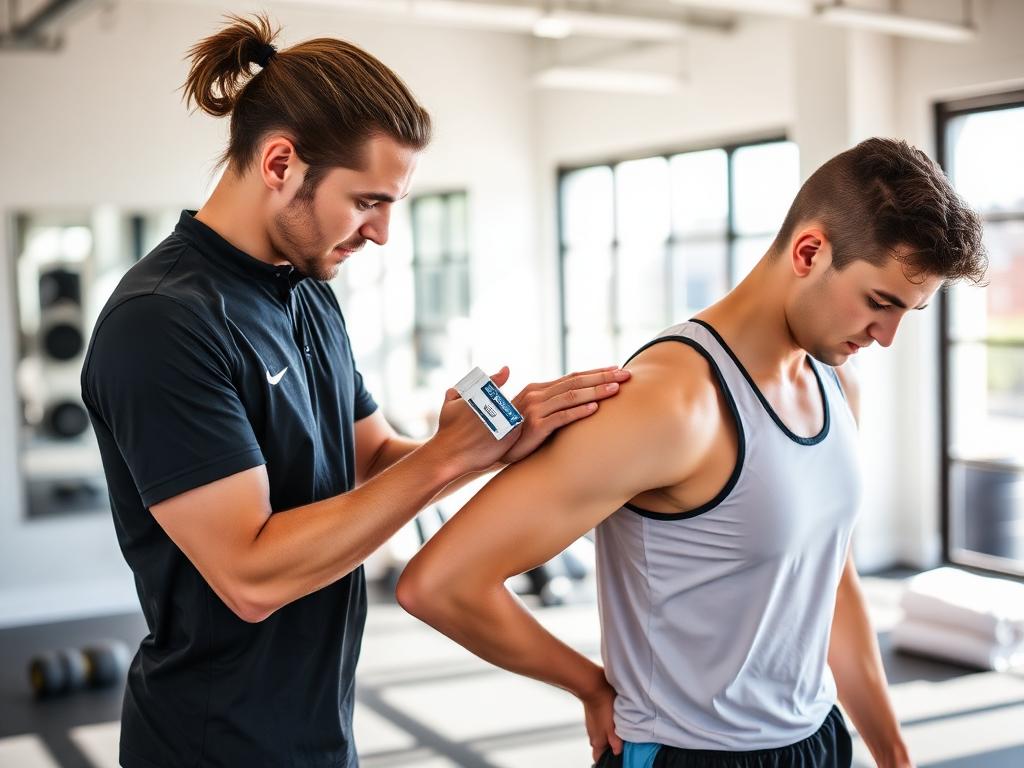 A massage therapist working on an athlete's shoulder in a bright treatment room